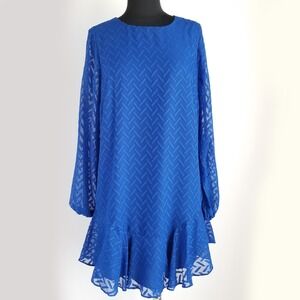 BCBGMaxazria Shift Ruffle Dress Womens M Blue Sapphire Sheer Sleeves NEW $248